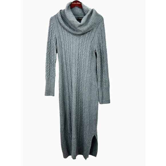 Tahari Women Size L Sweater Dress Storm Gray Cable Knit Cowl Neck Midi Sheath T3 - Picture 2 of 12